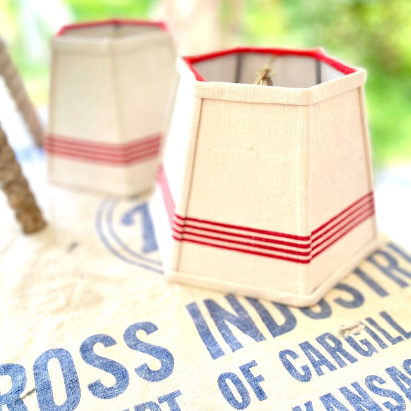 6" high Red Stripe Lampshade, Vintage French Linen lamp shade, Hex Clip, - priced per shade -2 in stock