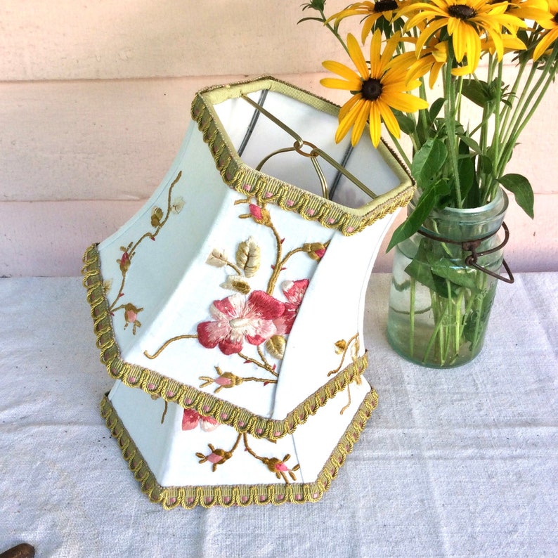 Vintage Embroidery Rose Lampshade Pink And Sage Embroidered Lamp Shade Hex Bell Small Clip Top