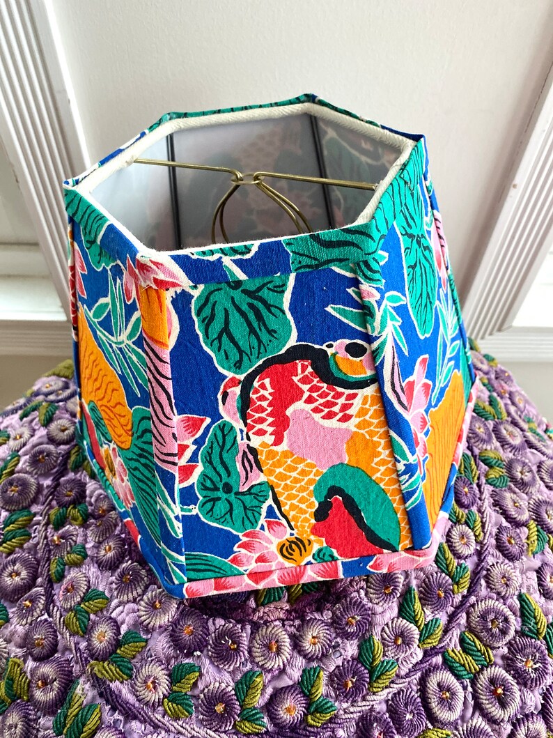 Funky Vintage Chinese Fabric Lampshade, Bold Print Lamp Shade, Hex Clip, 7 high 1 in-stock last one image 10