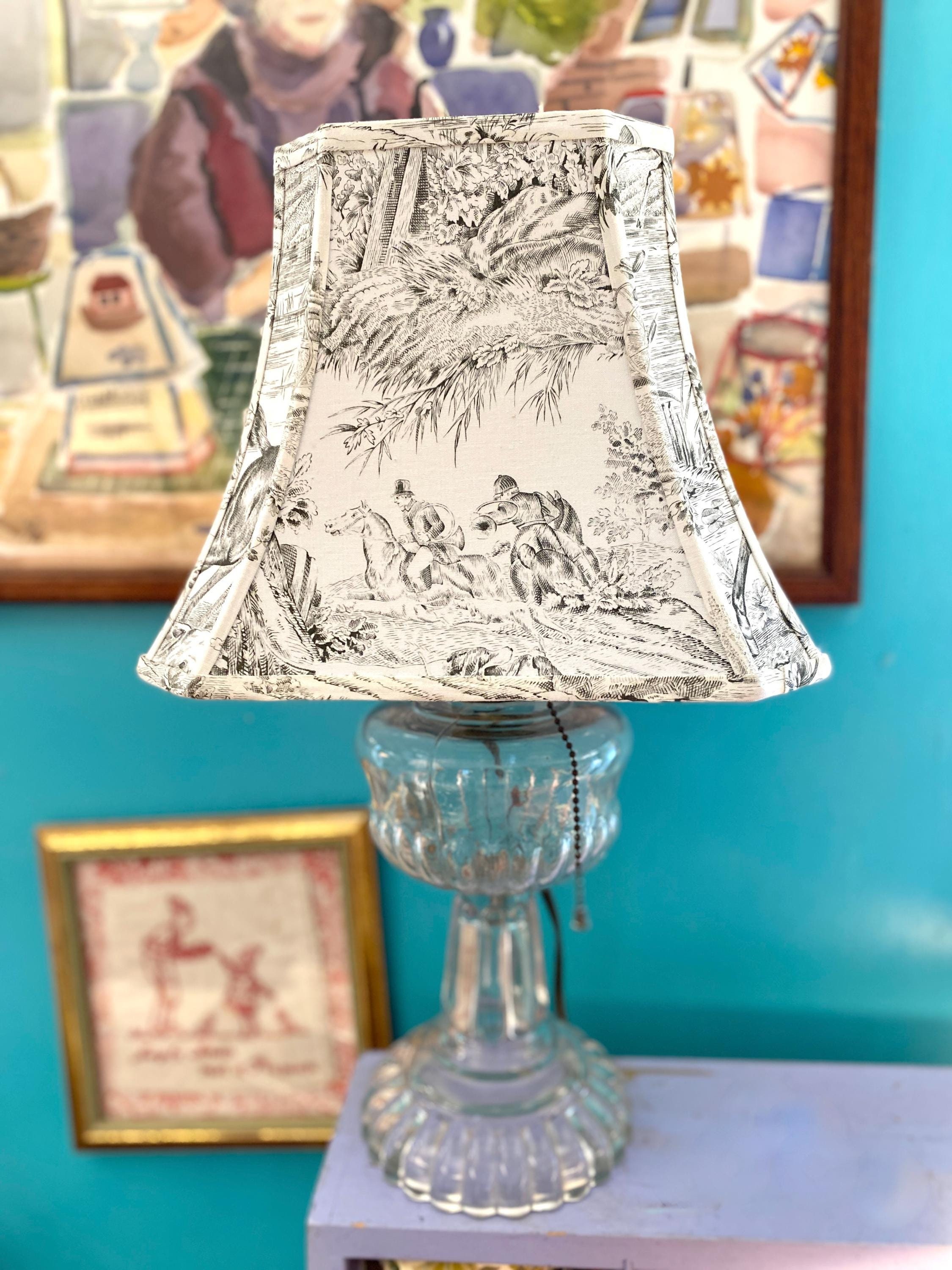 Equestrian Black Toile Lampshade, Antique French Fabric Rectangle Bell Shade - 9.5" h - 1 left