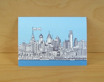 Tarjeta con el horizonte de Filadelfia: gracias, cumpleaños, hola, hola