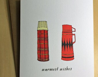 Warmest wishes - vintage thermos drawing -  holiday card - christmas card