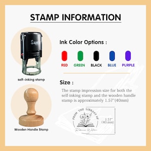 May include: Two types of self-inking stamps are shown. The first is a round, black self-inking stamp with a clear base. The second is a wooden handle stamp with a round, brown base. Both stamps are 1.57 inches (40 mm) in diameter. The ink colors available are red, green, black, blue, and purple.