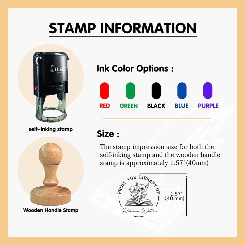 May include: Two types of self-inking stamps are shown. The first is a round, black self-inking stamp with a clear base. The second is a wooden handle stamp with a round, brown base. Both stamps are 1.57 inches (40 mm) in diameter. The ink colors available are red, green, black, blue, and purple.