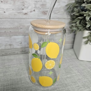 Lemon Glass Can Coffee Cup with Lid and Straw, Lemon Coffee Mug, Summer 16 oz Tumbler, Glass Cup, Yellow Lemon Cup, Summer Season Gifts