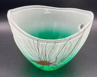 Vintage Polish Frosted Glass Bowl – Hand-Painted Peacock Feather Art