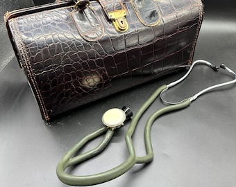 Vintage Leather Doctor Bag with Brass Clasp and USSR Stethoscope