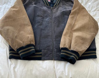 Vintage Free Country Men 2XL Brown Suede Leather Varsity Bomber Colorblock Jacket
