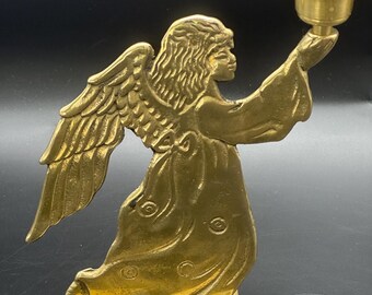 Vintage Etched Solid Brass Angel Candle Holder Christmas 7” MCM Candelabria