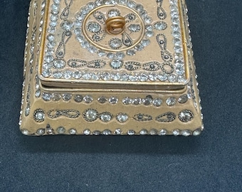 Vintage Pier 1 Jeweled Trinket Box Square Hexagon Jewelry Small 3x3x1 Gold Boho Rhinestones