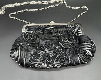 ICING Black Rose Floral Evening Bag Silver chain, Rhinestone Purse Clutch