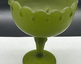 Vintage Indiana Glass Frosted Satin Green Olive Compote Bowl or Candy Dish 7.5" Tall