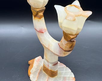 Candelabro antiguo de alabastro u ónix procedente de Italia, de mediados de siglo. RARO: tallado a mano.