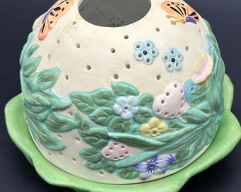 Porcelain Tea Light Holder Butterfly Floral Pastel 2 Pc Fairy Lamp