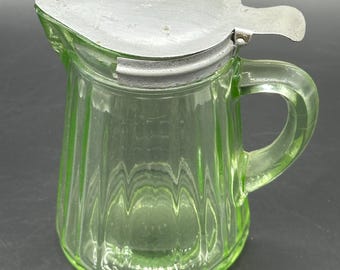 Vintage Green Glass Uranium Syrup Pitcher with Hinged Tin Lid