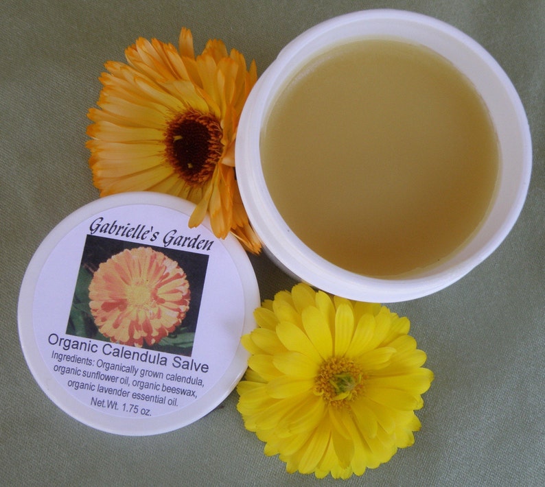K&ouml;nnte beinhalten: Ein wei&szlig;es Glas mit gelbem Deckel, das eine gelbe Salbe enth&auml;lt. Das Glas ist mit "Gabrielle's Garden Organic Calendula Salve" beschriftet und listet die Zutaten auf: Biologisch angebautes Calendula, Bio-Sonnenblumen&ouml;l, Bio-Bienenwachs und Bio-Lavendel&ouml;l. Das Glas steht auf einer gr&uuml;nen Oberfl&auml;che mit zwei gelben Blumen.