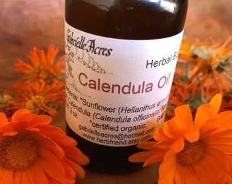 Calendula Infused Oil, Pure and Organic, 2 oz glass bottle with dropper, Small Batch Handmade