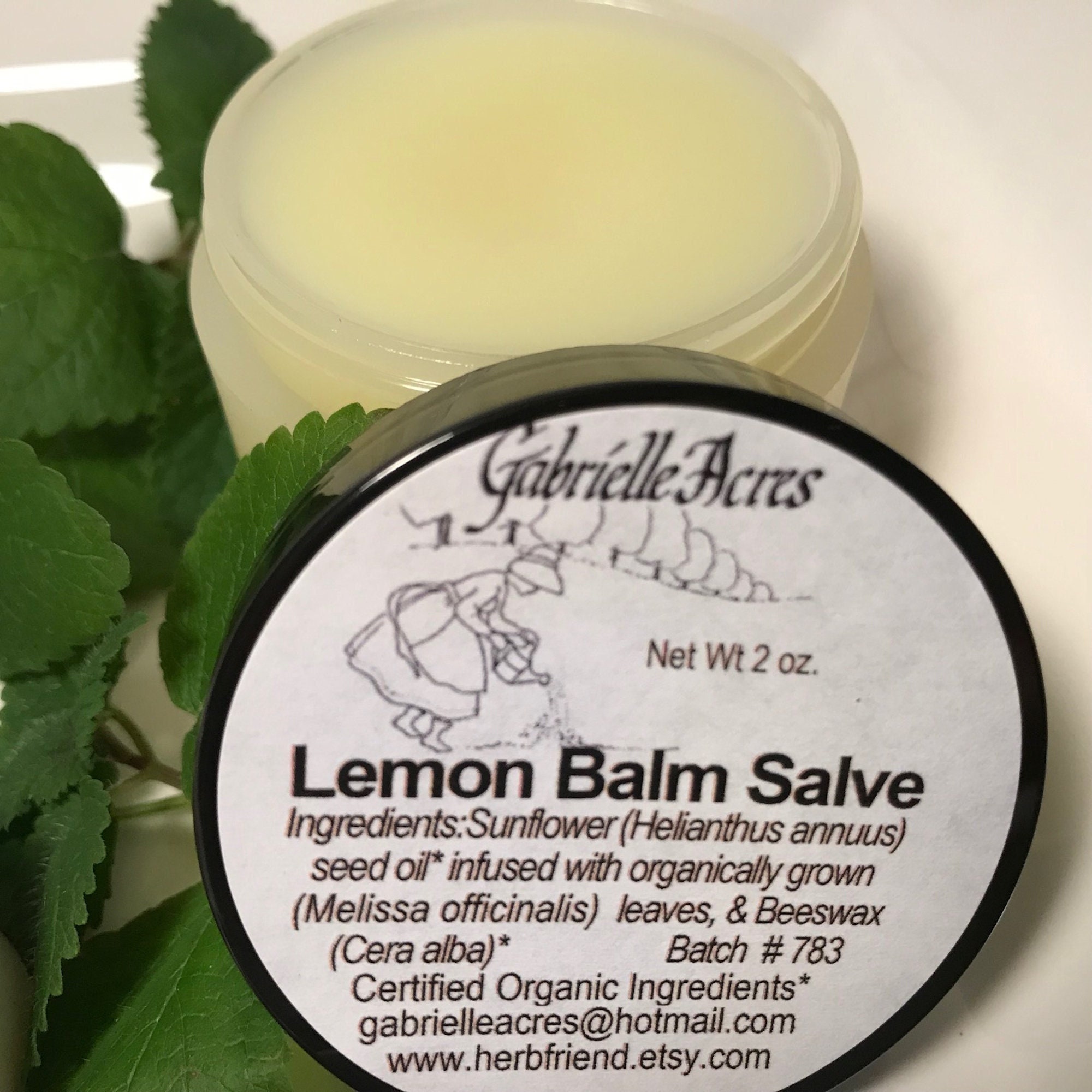 Lemon Balm Salve, 2 oz Glass Jar, Unscented Melissa Infusion Balm, Small Batch Handmade