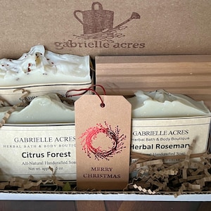Soap Gift Set Box, Three All Natural Herbal Soaps with Wooden Soap Dish