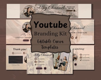 May include: A branding kit for a YouTube channel called "Ally Channel". The kit includes editable Canva templates for a channel banner, end screen, and other graphics. The templates feature a neutral color palette with a vintage aesthetic.