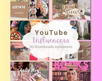 May include: A collage of 10 YouTube thumbnail templates featuring various themes, including fashion, beauty, travel, and lifestyle. The templates are designed with a pink and white color scheme and include text overlays such as "GRWM", "Mini Vlog", "What I Eat In A Day", "A Day In", "Daily Vlog", and "Books".