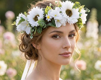 White Sunflower Floral Crown Headband for Weddings, Bridal Showers, Boho Festivals, Flower Girl Hair Accessory with Adjustable Ribbon