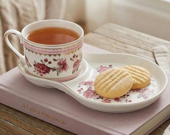 Porcelain Tea Snack Set with Floral Teacup and Matching Snack Plate – Elegant Vintage‑Style Pink Roses and Gold Trim