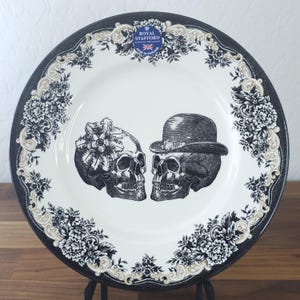 Halloween Plates, Set of 2, Gothic Sugar Skull Plates, Royal Stafford, Wedding Skull Plates, Goth Wedding, Witchy, Spookyville, Limited Ed.