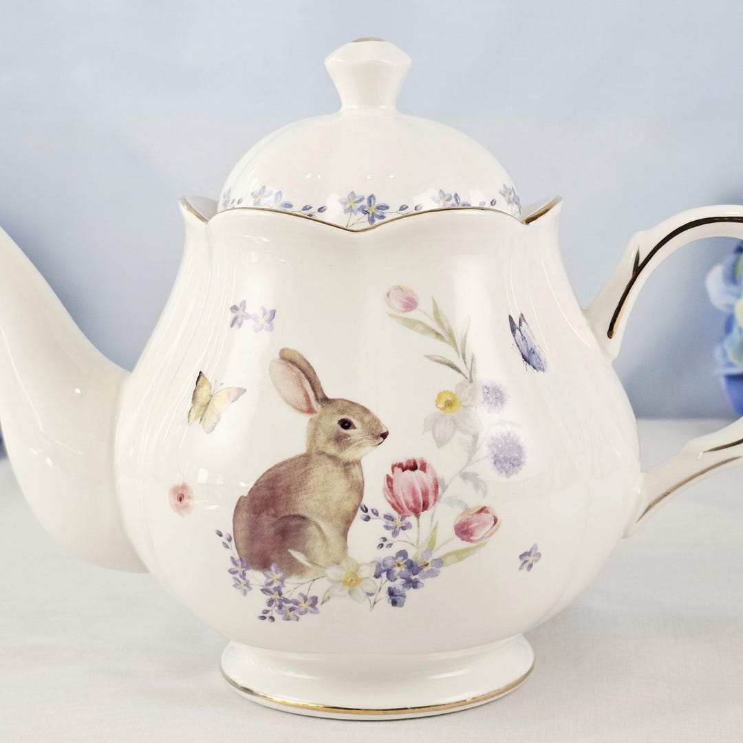 Golden Rabbit Kitchen Tea Pot Meadow Bunny Porcelain Teapot With Gold Accents – Spring Rabbit Floral ...