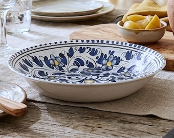 Authentic Italian Ceramic Large Serving Bowl – Hand-Worked Blue Floral Pattern – Salad or Pasta Serveware – Made in Italy