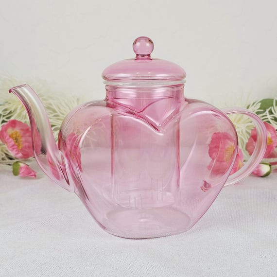 Pink Heart-Shaped Glass Teapot with Infuser – 32 oz Borosilicate Valentine Tea Pot for Romantic Brewing