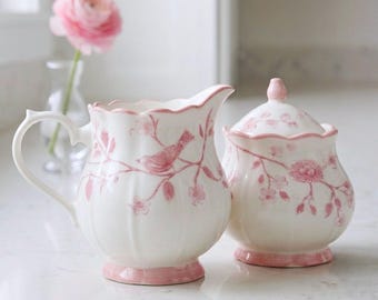 Pink Bird and Blossom Porcelain Cream and Sugar Set – Romantic Cottagecore Floral Serving Pieces