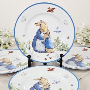 Peter Rabbit Ceramic Dessert Plates - Set of 4 – 8" Beatrix Potter Collectible Tableware - Blue Rim Bunny Plates