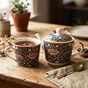 May include: A ceramic teapot and matching mug set featuring a dark navy blue background with a repeating floral pattern in shades of orange, yellow, and green. Both pieces have a white interior and a gold-toned rim detail.