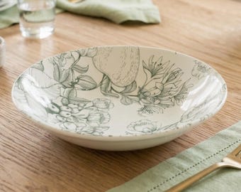 Italian Green Botanical Ceramic Pasta Bowls – Set of 6 – Made in Italy – Mediterranean Inspired Dinnerware