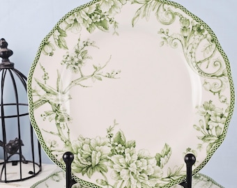 Green Toile Dinner Plates – Set of 4 – Ceramic Moss Green Floral Bird Pattern -Nature-Inspired Botanical Tableware