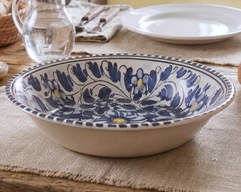 Authentic Italian Ceramic Small Serving Bowl – Hand-Worked Blue Floral Pattern – Salad or Pasta Serveware – Made in Italy