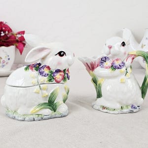 Ensemble crème et sucre en céramique lapin floral - Corner Ruby Collection printemps - Décoration de table de Pâques