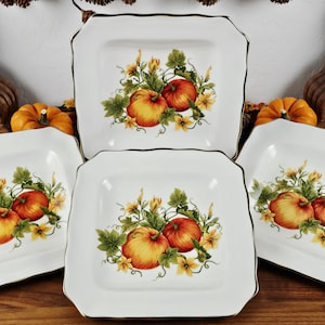 Set of 4 Fall Pumpkin Salad/Dessert Plates - Square Ceramic Gold Rim - Autumn Thanksgiving Tableware