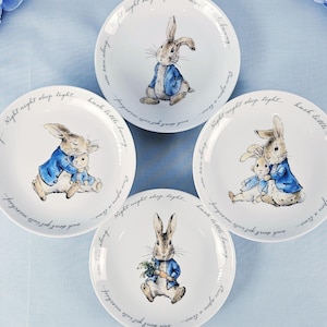 Peter Rabbit Snack Plates - Set of 4 - Baby Shower Tablescape - Beatrix Potter Dishes - Vintage Style Bunny Decor