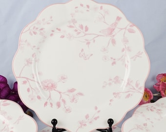 Pink Floral Botanical Dinner Plates – Set of 4 - Flowers, Bird & Nest Pattern - Porcelain Tableware for Showers and Spring Gatherings