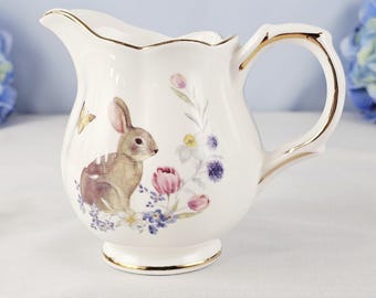 Meadow Bunny Fine Porcelain Creamer – Spring Rabbit Floral Pitcher – Cottagecore Easter Kitchen Decor
