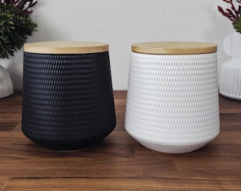 Black or White Ceramic Canister with Bamboo Lid, Halloween Treats, Contemporary Style, Bungalow Chic, Black White Kitchen, Sold Individually