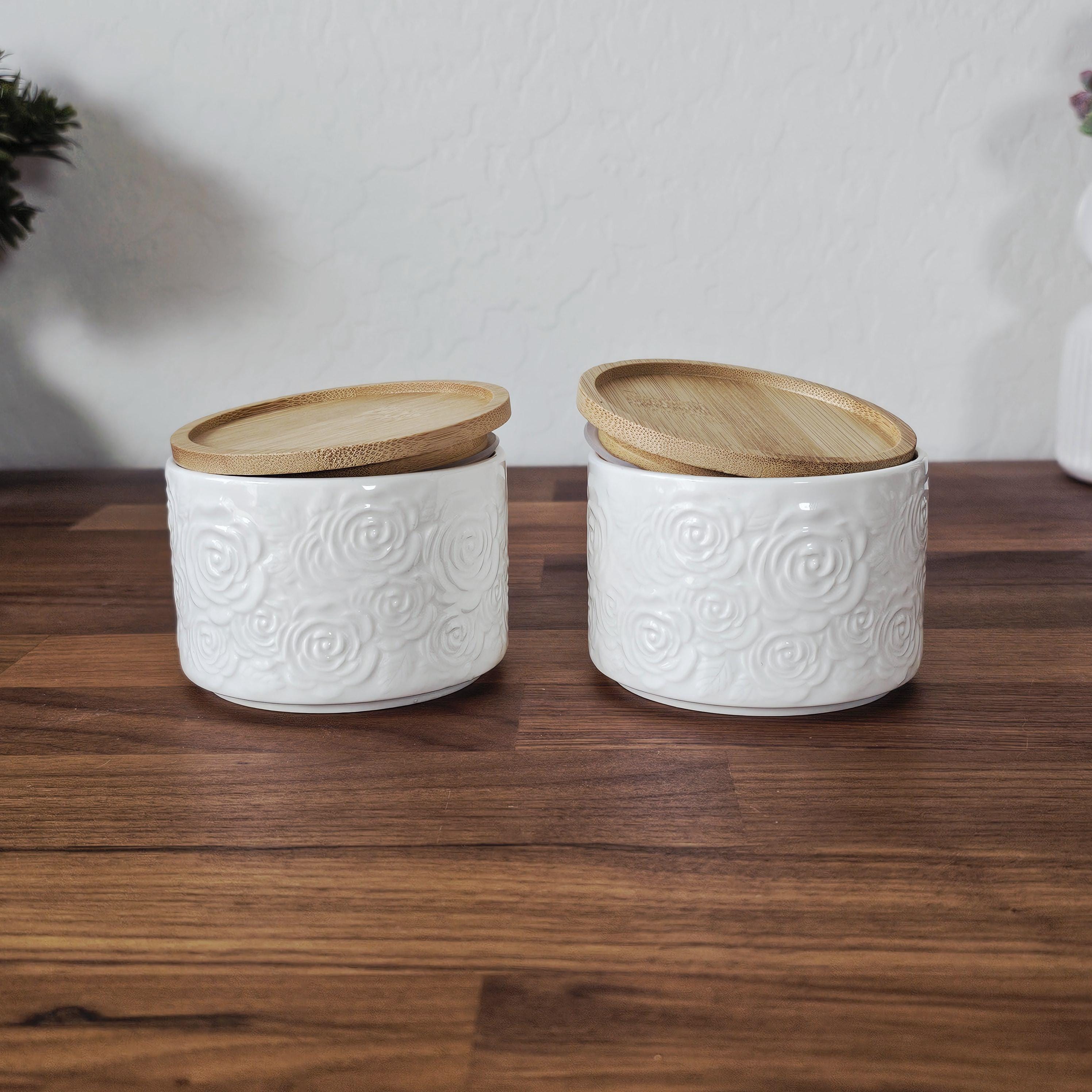 Roses Small Canisters, Set of 2, Ceramic, Floral, Stacking Canisters, Vanity, Dresser Jars, Bamboo Lid, Bath, Office, Embossed Canisters