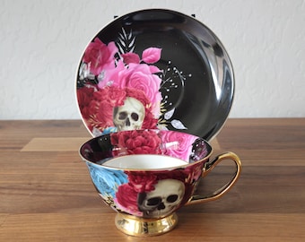 Skull and Roses Cup and Saucer Set, Pink and Blue Roses with Skull, Halloween, Goth, Dia de los Muertos, Grace Teaware