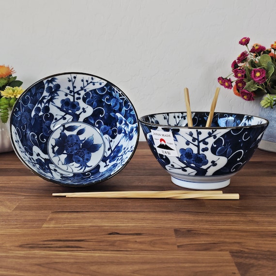 Japanese Blue and White Floral Ramen Noodle Bowls, Set of 2, With