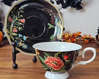 Moody Botanical Mother's Day Teacup and Saucer - Gothic Bloom Cup - Dark William Morris - Goth Gift for Mom
