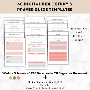 Paquete de guía de estudio bíblico Plantilla de diario de oración con indicaciones de las Escrituras Reflexión SOAP imprimible Creciendo la fe en Dios Rosa Naranja Verde