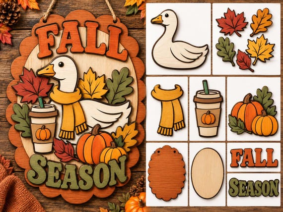 Fall Goose Door Hanger SVG, Pumpkin Latte Goose Sign, Fall Season Laser Cut File, Autumn Goose Door Decor