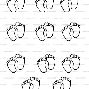 May include: A repeating pattern of black outline footprints. Each footprint pair is side-by-side, with the toes pointing in the same direction. The image is a simple, minimalist design.